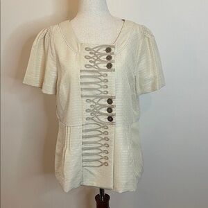 Anthropologie Floreat Cream Braided Button Short Sleeve Jacket Top Size 8 EUC